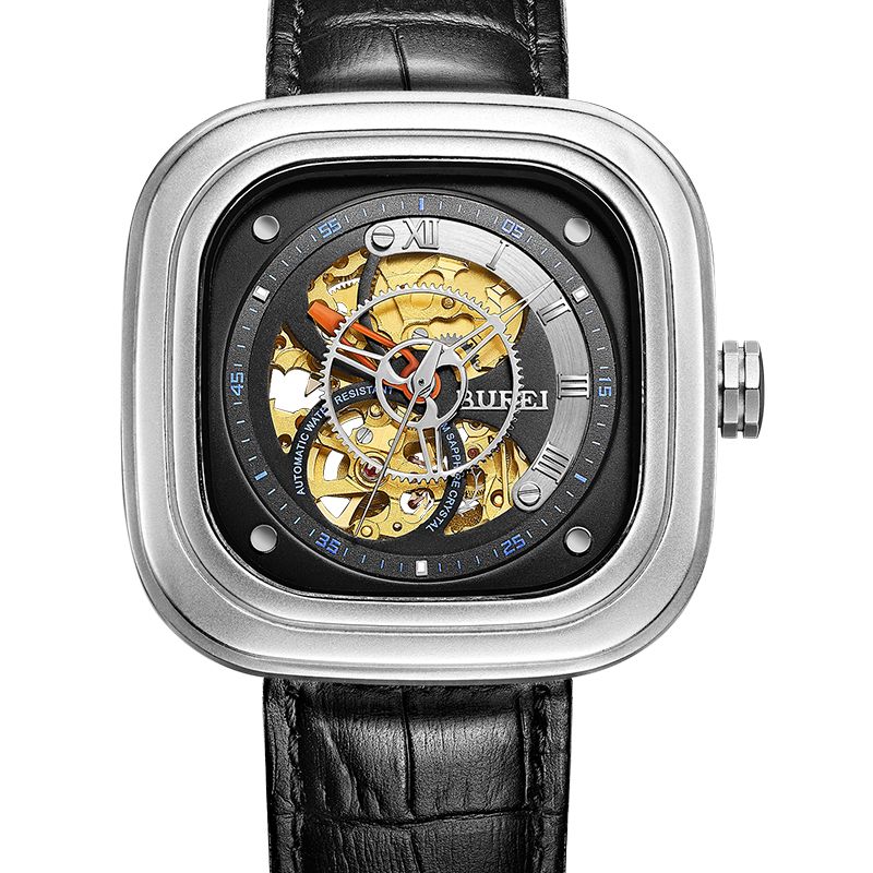 宝梭(burei)手表男表全自动机械表大表盘时尚镂空男士方形手表防水