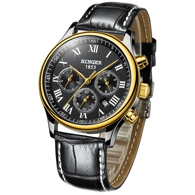 宾格(binger)手表时尚休闲全自动机械表男士手表皮带三眼罗马刻度防水