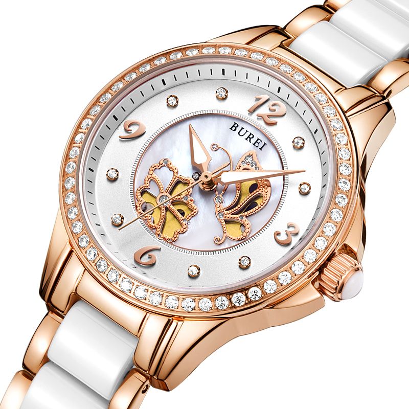 宝梭(burei)手表 女时尚潮流防水陶瓷石英女士蕾丝镂空女式表