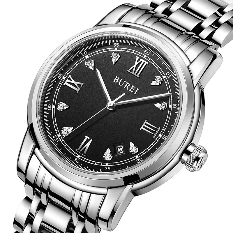 宝梭(burei)手表 男士全自动机械表 夜光时尚镶钻钢带商务防水男表