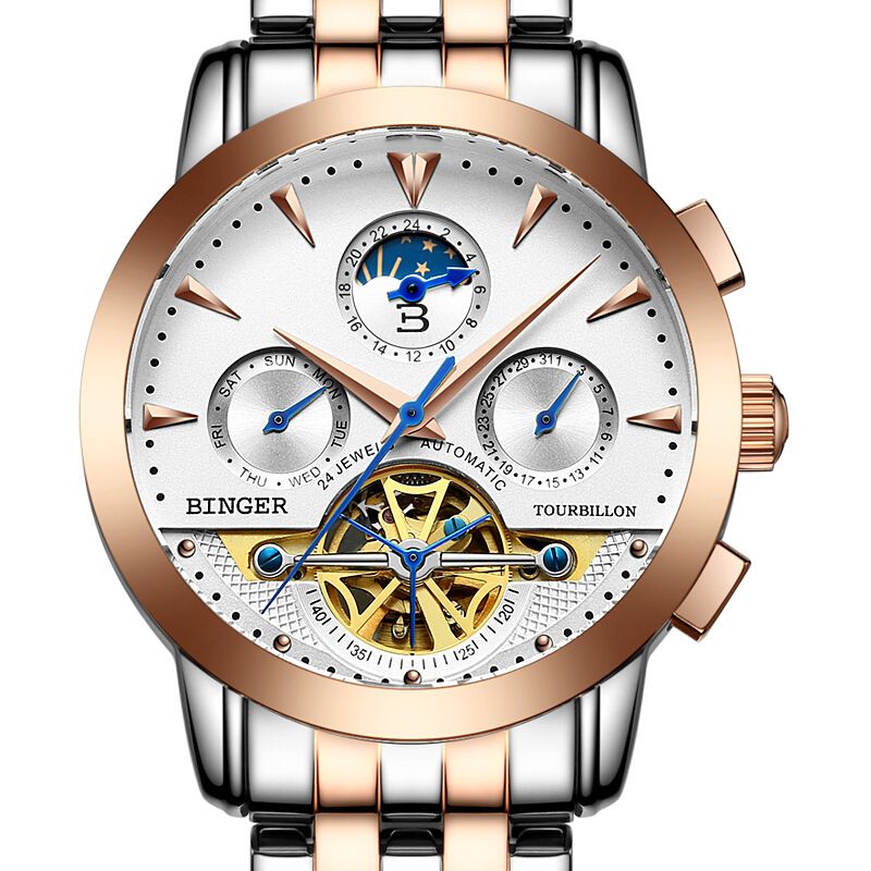 宾格(binger)手表男表商务休闲男士手表全自动机械表镂空多功能防水