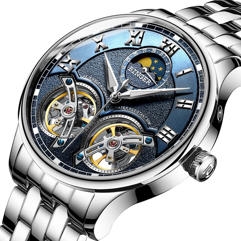 宾格binger手表男士全自动机械表镂空男表飞越系列夜光防水双舵飞轮