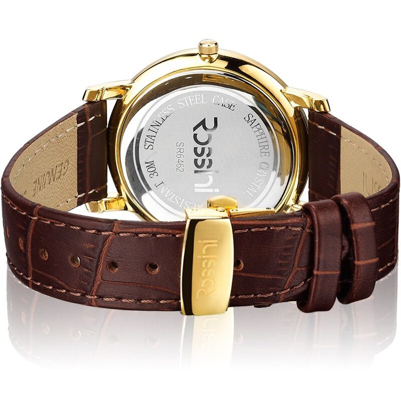 罗西尼 雅尊商务系列 竹叶金色表针 皮表带 石英情侣男表 sr6461g01c