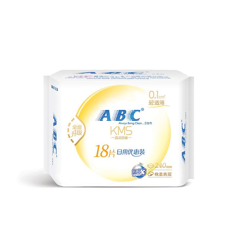 ABC 日用轻透薄棉柔表层卫生巾18片(含KMS)新老包装随机发货