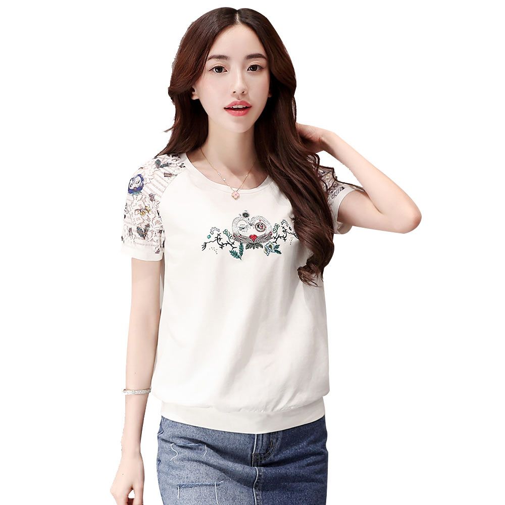 乔伊思 简约时尚圆领图案绣花短袖女款t恤j728589