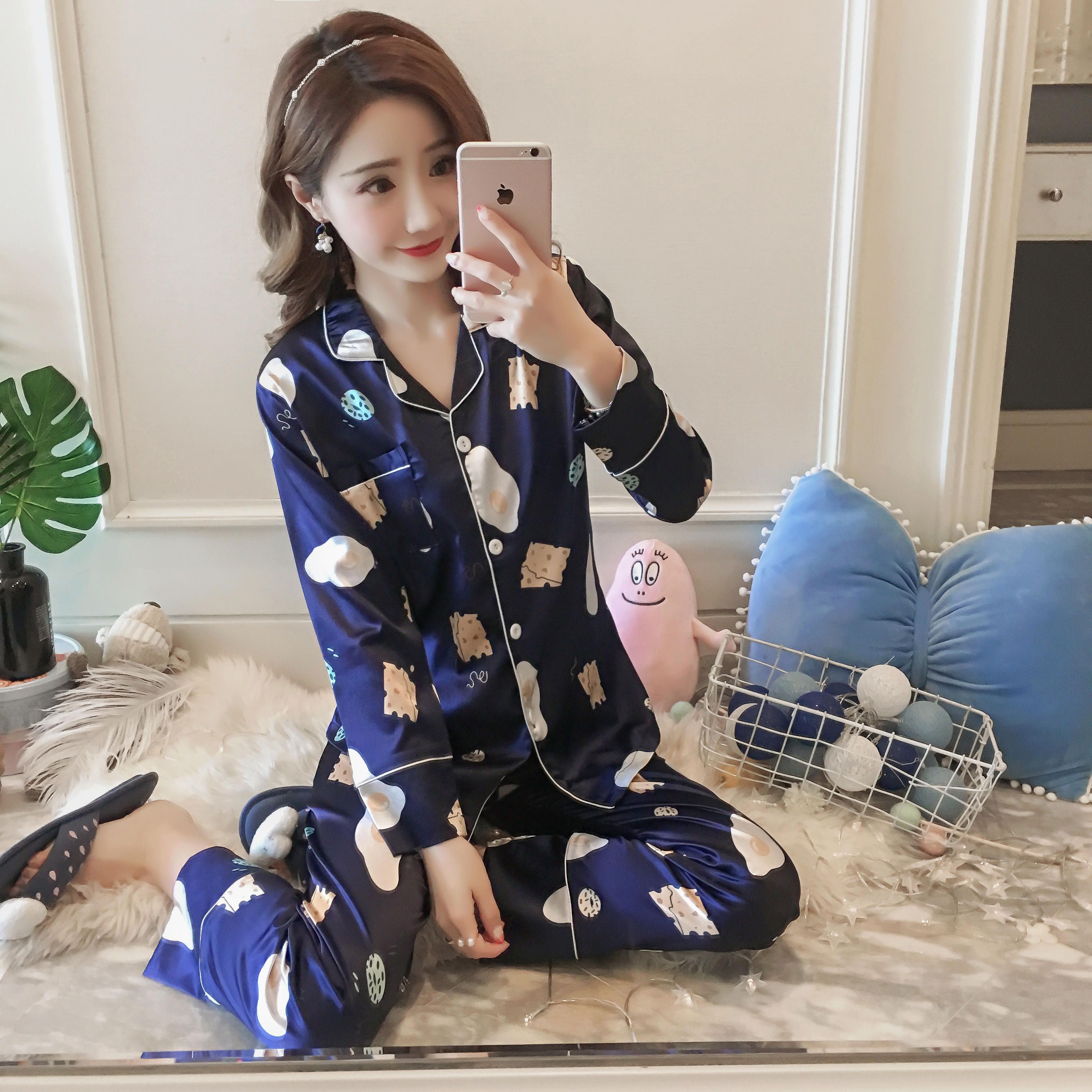 苏吉思 秋季睡衣女新款甜美开衫饼干鸡蛋长袖长裤仿真丝绸女士家居服