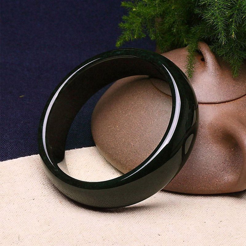 左传 和田玉手镯 青玉手镯 墨青玉手镯 宽面手镯 配证书