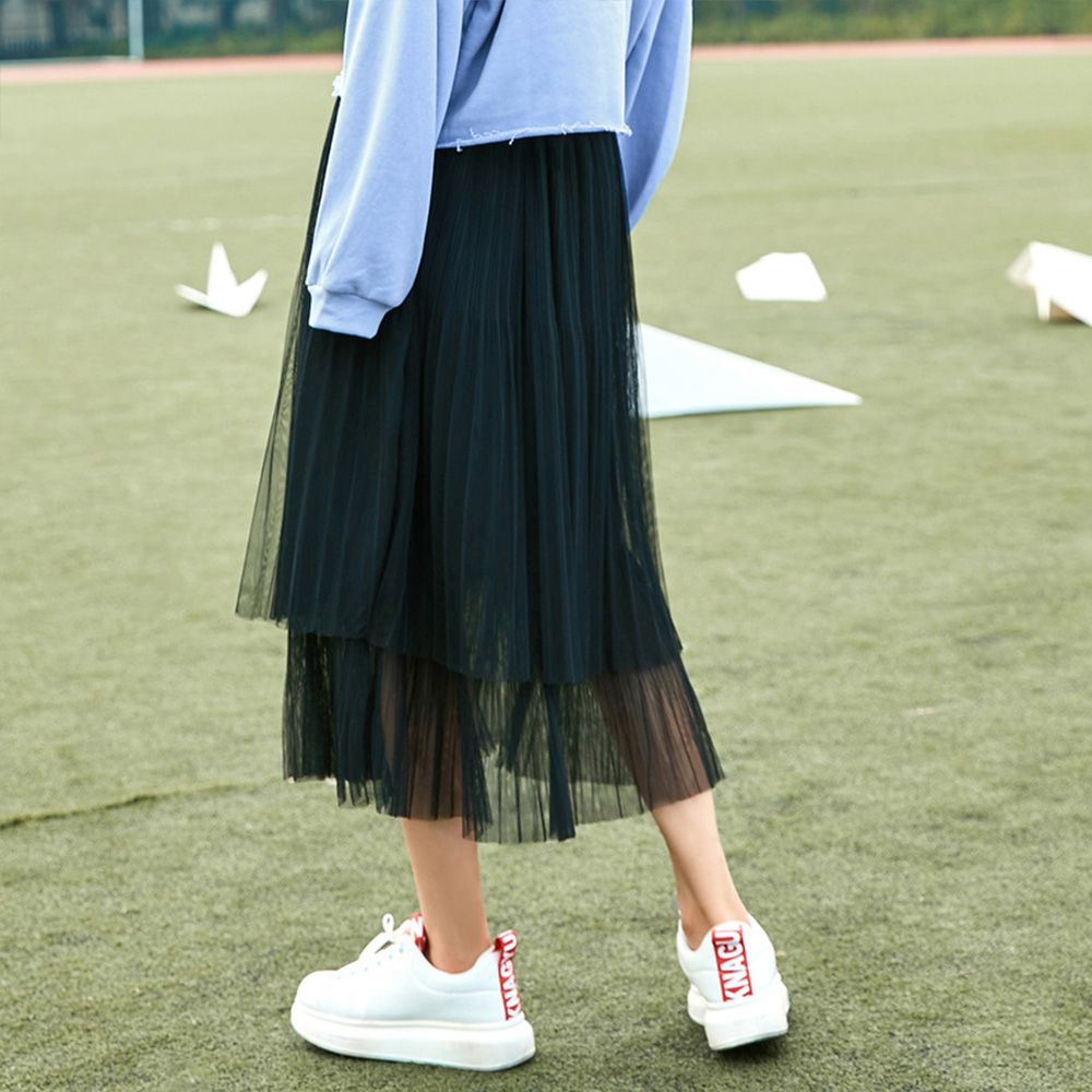 pass 秋壳2019春装新款韩版高腰半身裙女a字宽松纱裙黑色拼接裙子长裙