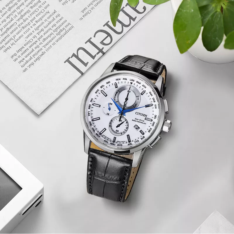 西铁城CITIZEN 光动能手表白盘皮带三眼防水男表 AT8110-11A
