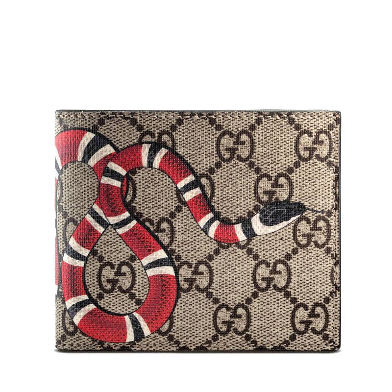 款gg supreme男士米色帆布蛇纹印花皮革对折钱包 法国专柜 vp france