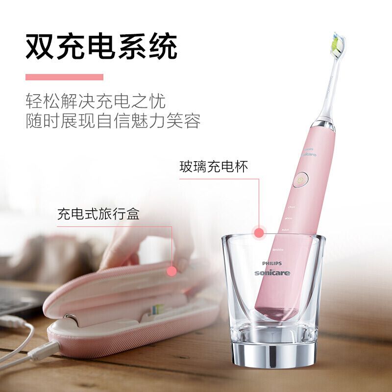 飞利浦 （PHILIPS） 电动牙刷成人声波电动牙刷自动牙刷陈伟霆同款钻石亮白系列电动牙刷5种模式 奢宠粉钻HX9362/67