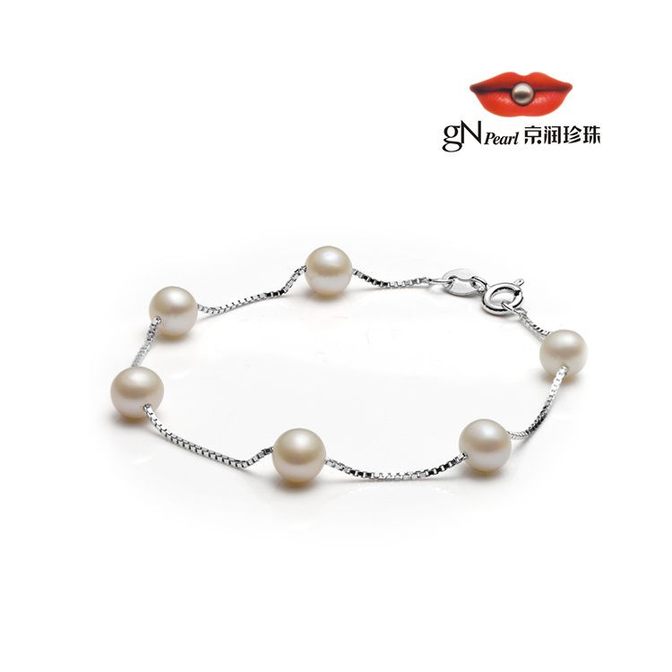 gN pearl/京润珍珠 遇见 6-7mm近圆 S925银镶白色淡水珍珠手链 送女友 银泰同款