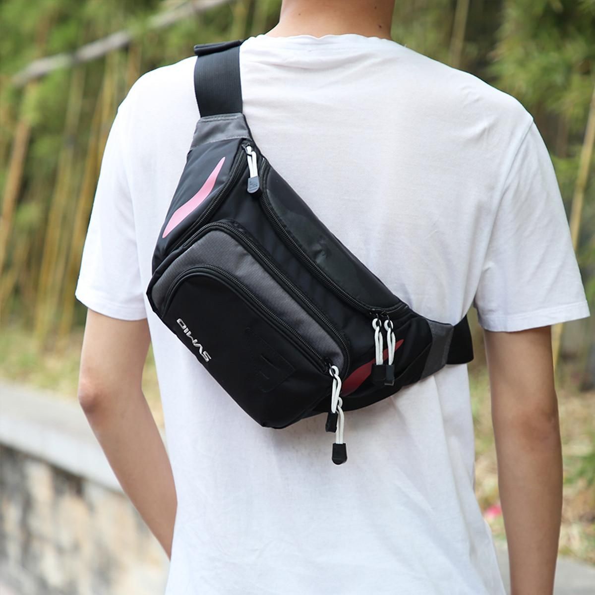 爱华仕 男包单肩包休闲运动腰包时尚多功能胸包跑步大容量手机包男士户外 黑色 均码