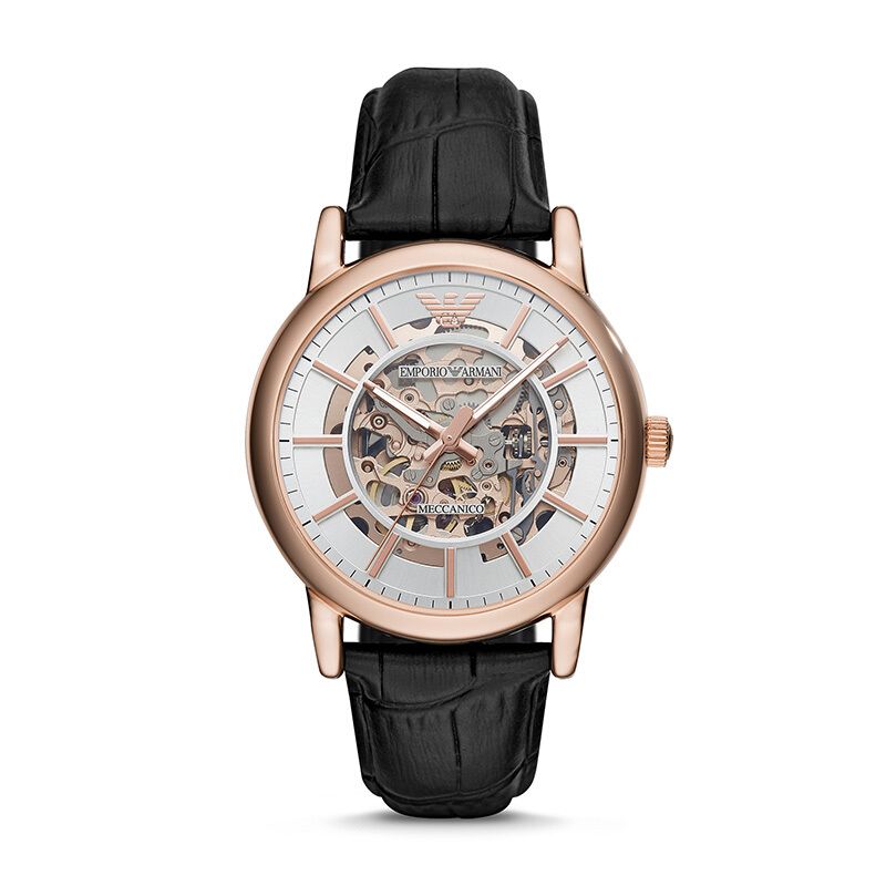 EMPORIO ARMANI 阿玛尼手表男机械表皮质表带全自动镂空机械男士商务腕表