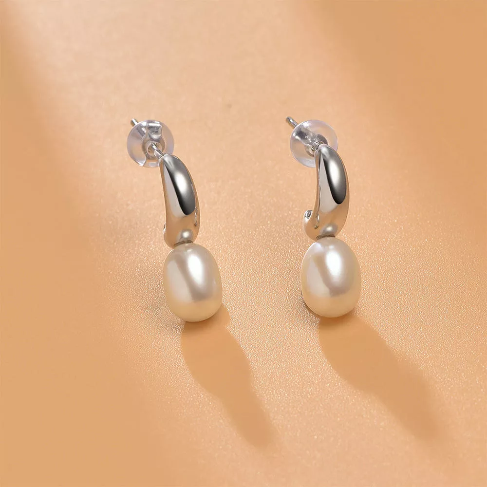gN pearl/京润珍珠 巧婉 925银白色水滴形淡水珍珠耳钉 6-7mm 