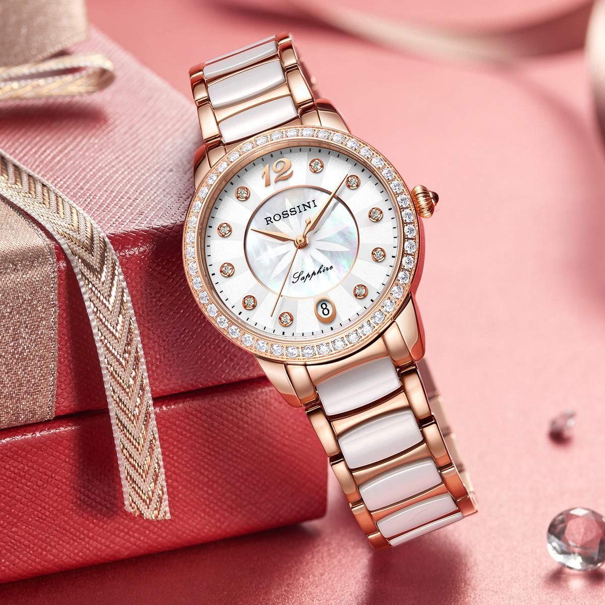 罗西尼 人气轻奢女表贝母之花镶钻防水正品手表女士石英616718 陶瓷表带 均码