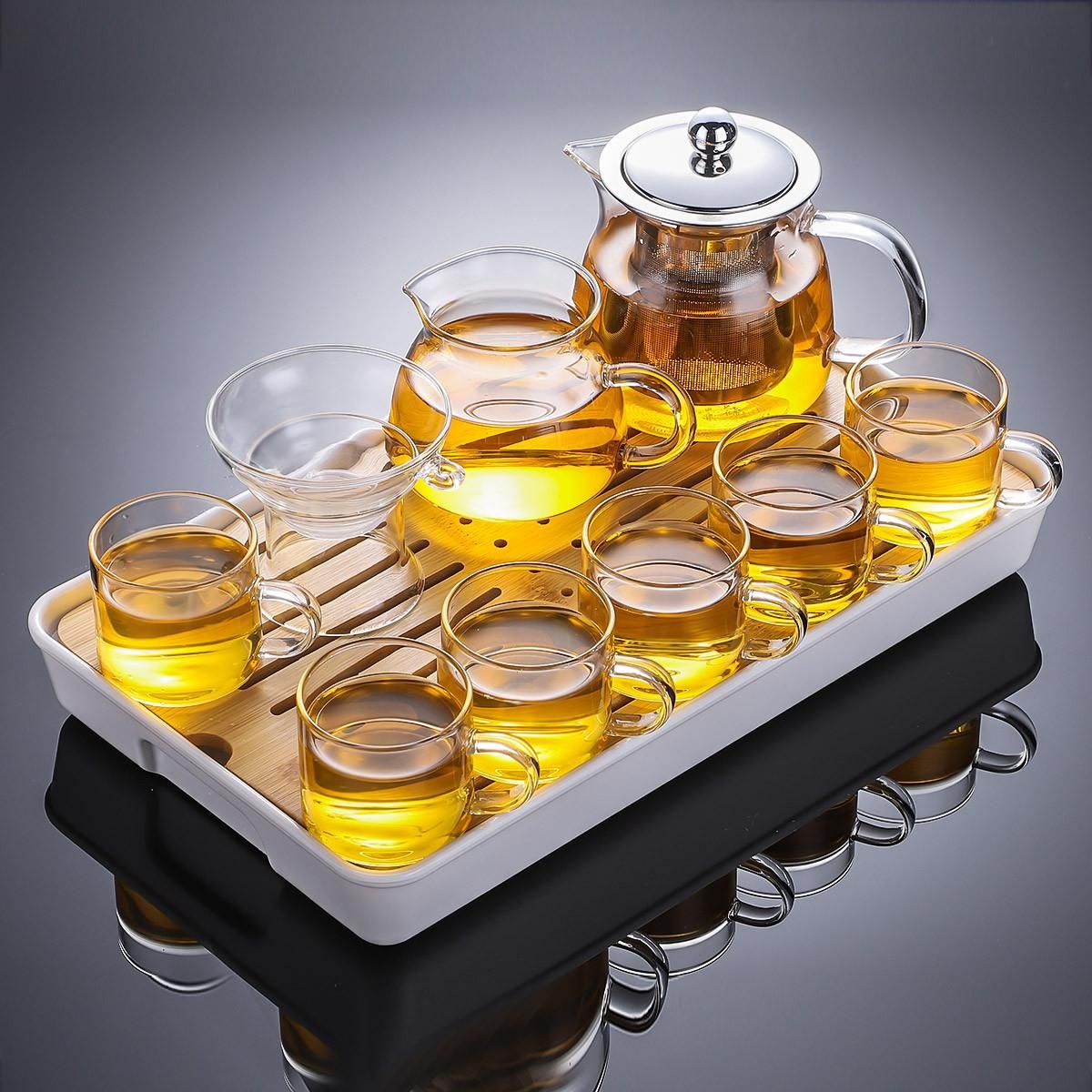 豪峰家用透明过滤红茶茶杯耐热玻璃泡茶器茶杯茶壶功夫茶具套装 【白】【密胺水音】【玻璃方闰10件套】 其他