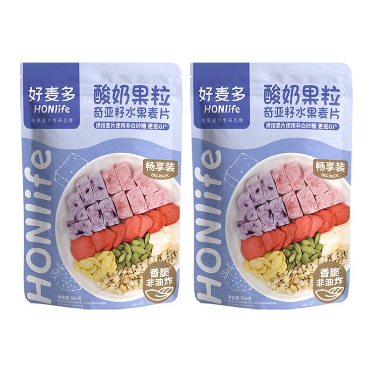 好麦多 【买一送一】酸奶水果麦片果粒干吃代早餐网红即零食品免煮 酸奶果粒奇亚籽水果麦片508g