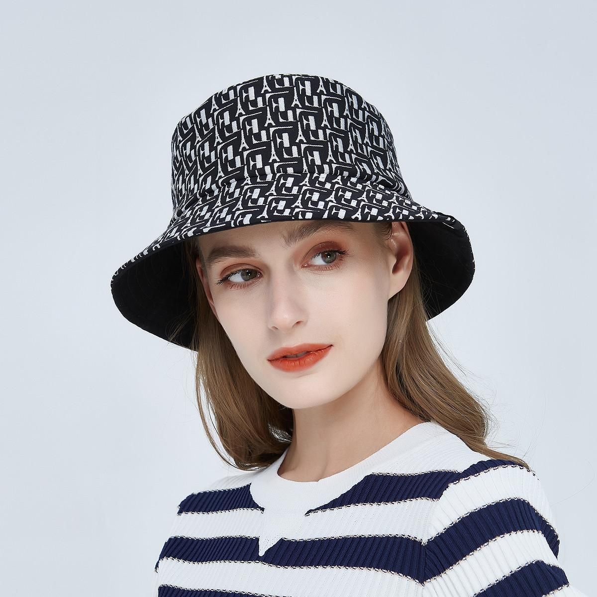 ELLE 2022春夏洋气百搭Logo提花小檐渔夫帽遮阳防晒情侣水桶帽 气质黑 均码