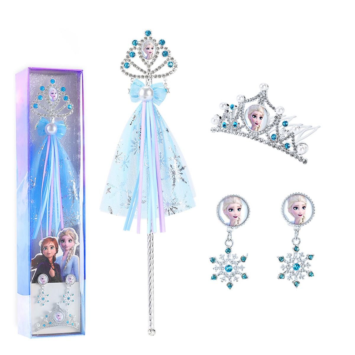 迪士尼 冰雪奇缘魔法棒艾莎公主首饰套装女孩玩具公主耳环皇冠权杖礼盒 蓝色款 均码
