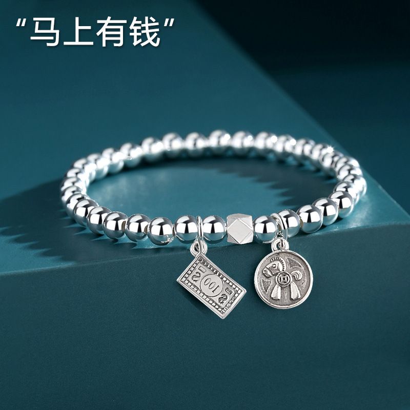 左传 【马上有钱】手链990足银弹力绳银珠子小众转运珠光珠银手串