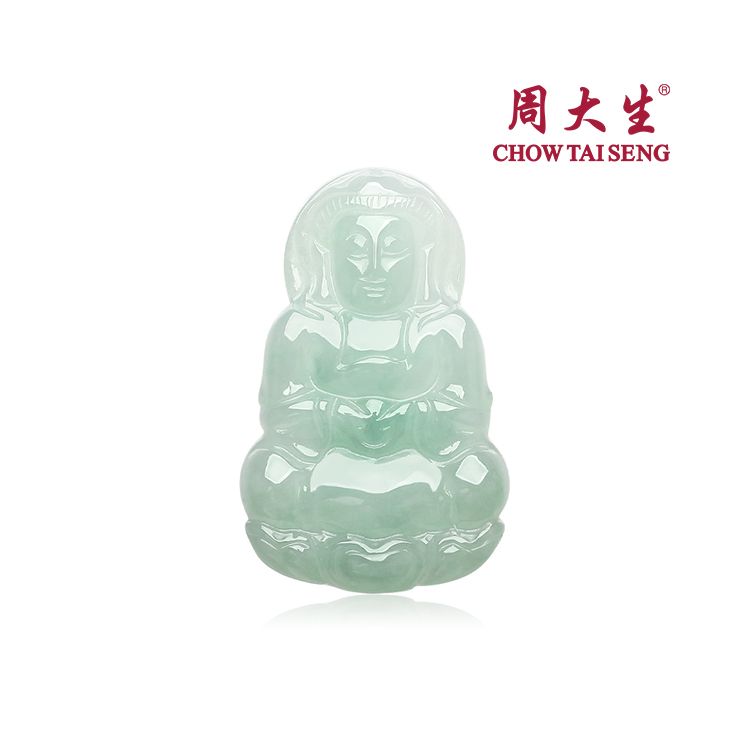 周大生 玉观音 天然A货冰绿翡翠观音吊坠 配绳子