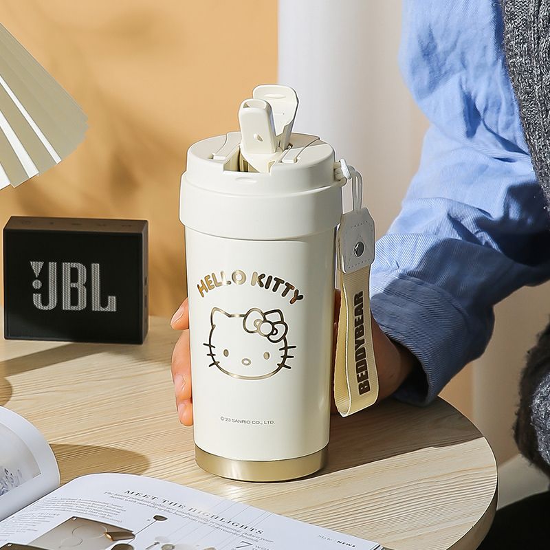 杯具熊 轻心保温咖啡杯白金HelloKitty一盖双饮陶瓷内胆办公出街户外500ml 礼盒装送杯刷【积分兑换】