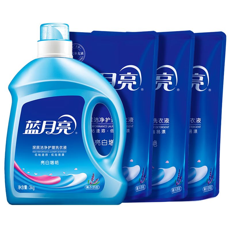 京东直供 蓝月亮洗衣液12斤套装：亮白增艳薰衣草3kg瓶+1kg袋*3