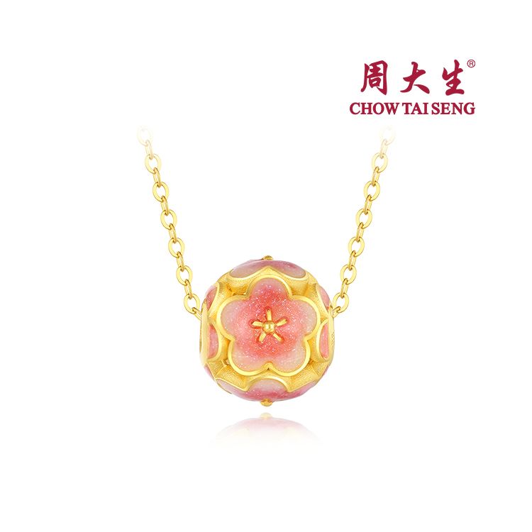 周大生 黄金吊坠足金桃花吊坠珐琅3D硬金甜美转运珠 赠黄银链 约1.2g