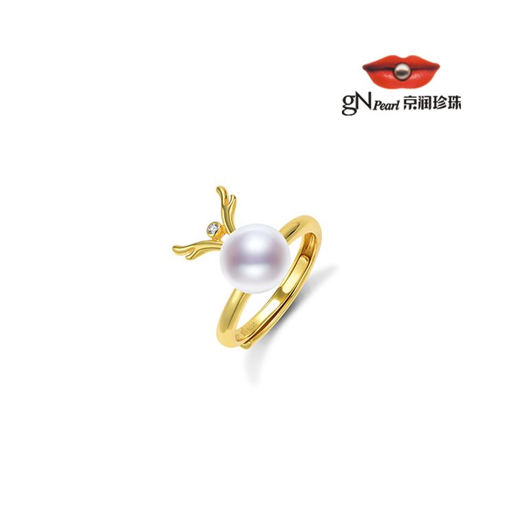 gN pearl/京润珍珠 幸运龙戒指 银S925淡水珍珠戒指 8-9mm 白色圆形
