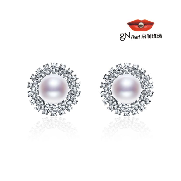 gN pearl/京润珍珠 星漫 银S925淡水珍珠耳钉 9-10mm 白色馒头形