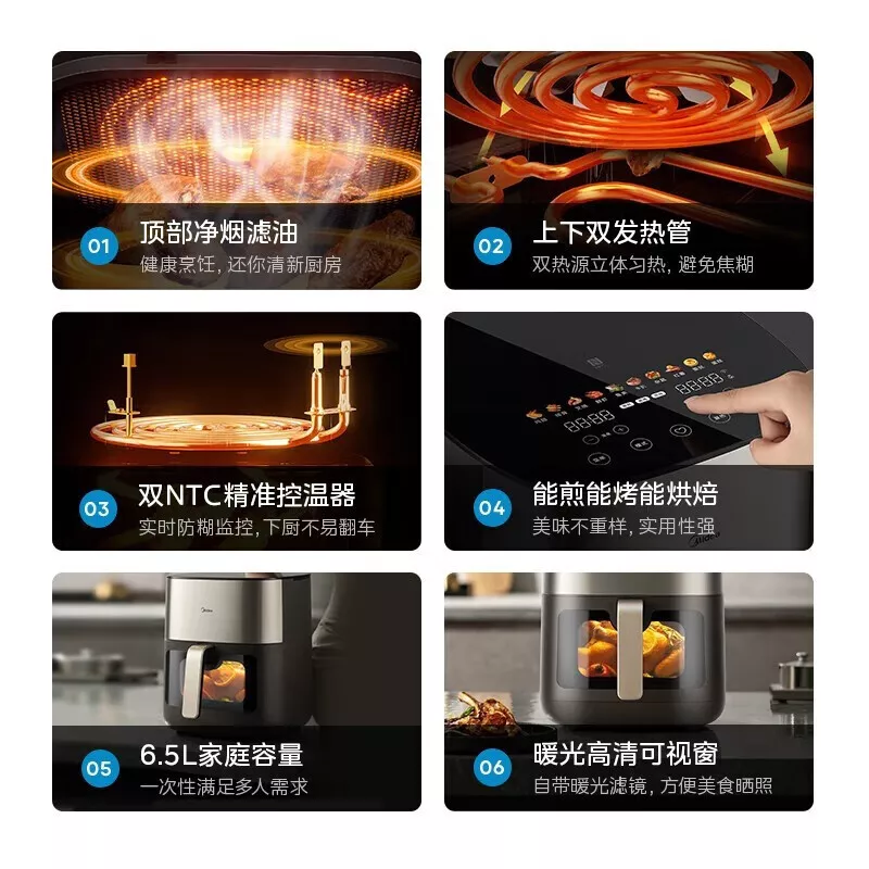 美的 空气炸锅家用 6.5L大容量【智能可视款】多功能全自动不粘空气烤箱煎炸锅电炸锅MF-KZC6502XM 【支持全积分兑换】