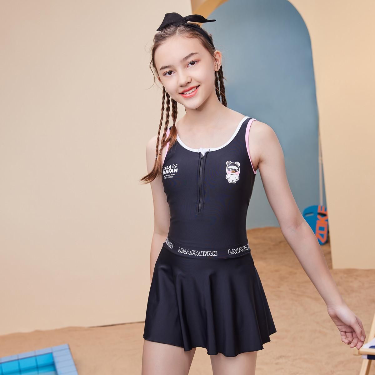 洲克 zoke泳衣女时尚印花连体裙式平角泳装少女休闲运动游泳衣女深兰玻尿酸鸭