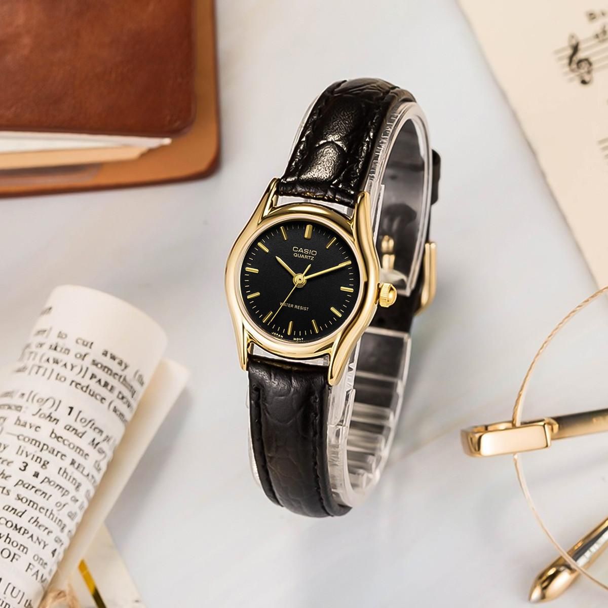 卡西欧手表女指针系列简约休闲防水石英女士手表 黑色