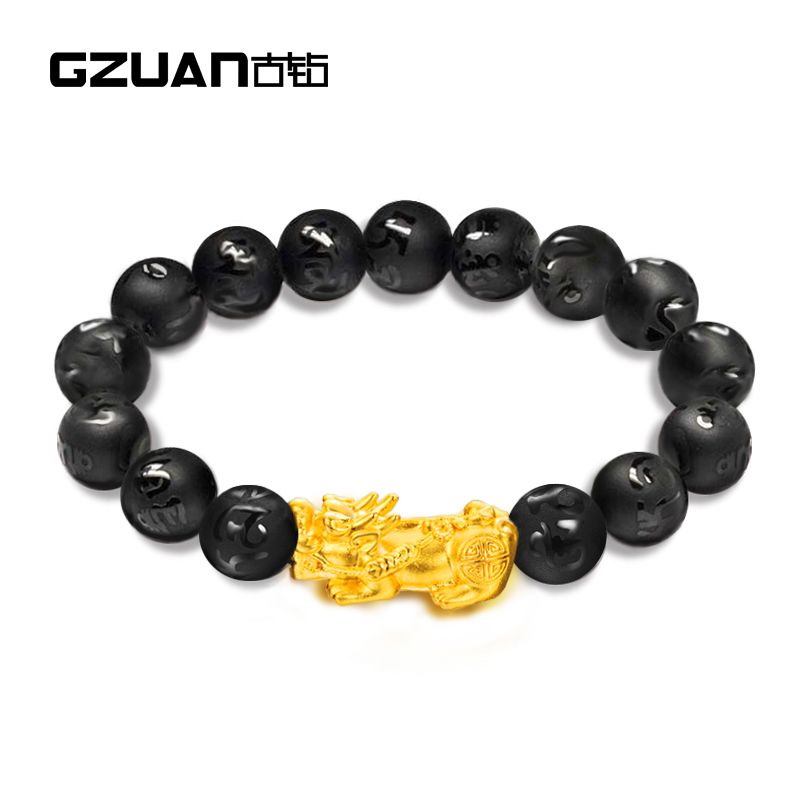 古钻 GZUAN 足金黄金黑玛瑙貔貅手链男士3D硬足金貔貅 YJS0003
