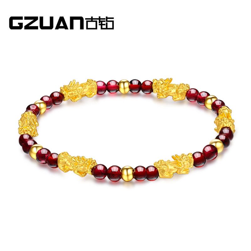 古钻 GZUAN珠宝 足金黄金石榴石貔貅手链女士3D硬金足金貔貅转运珠 YJS0010