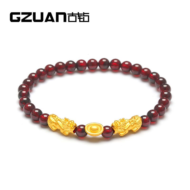 古钻 GZUAN珠宝 金元宝 足金黄金石榴石貔貅手链女士3D硬金足金金元宝转运珠 YJS0015