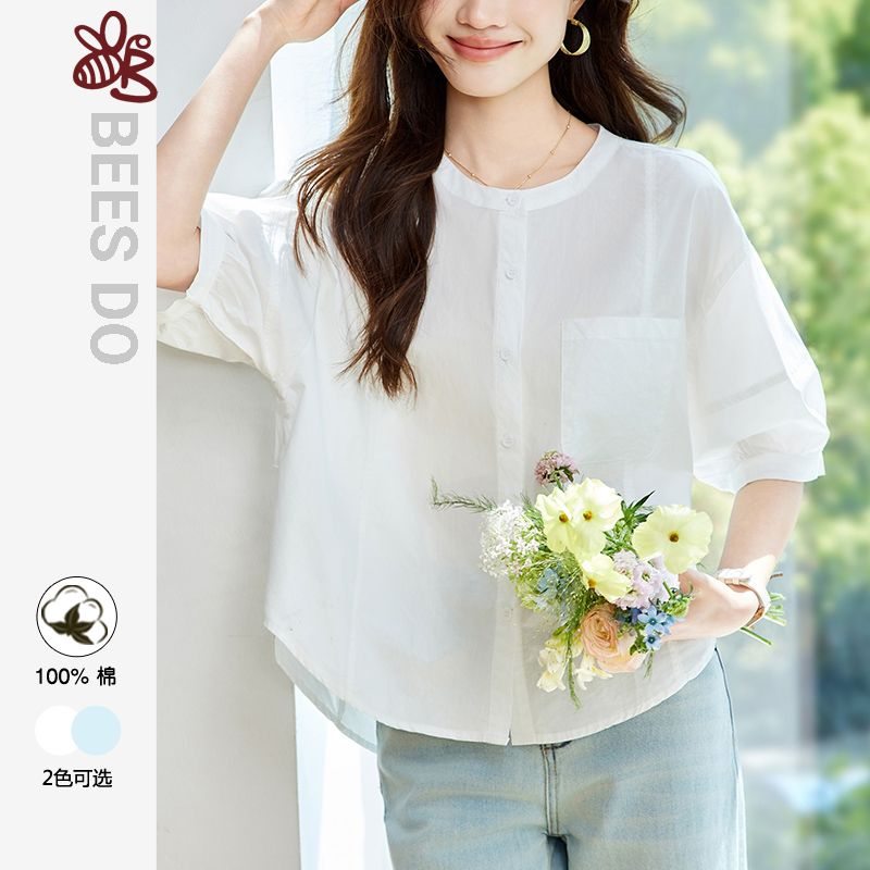 Bees do 白衬衫女短袖夏季新款宽松显瘦上衣韩版圆领纯棉衬衣 MJ48020