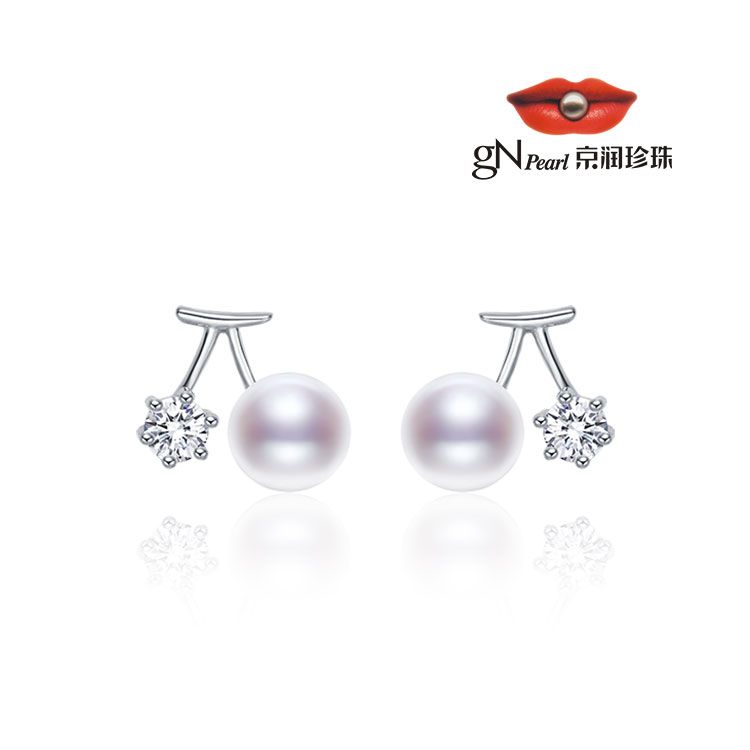 gN pearl/京润珍珠 小樱桃 银S925淡水珍珠耳钉7-8mm馒头形白色春夏新款女