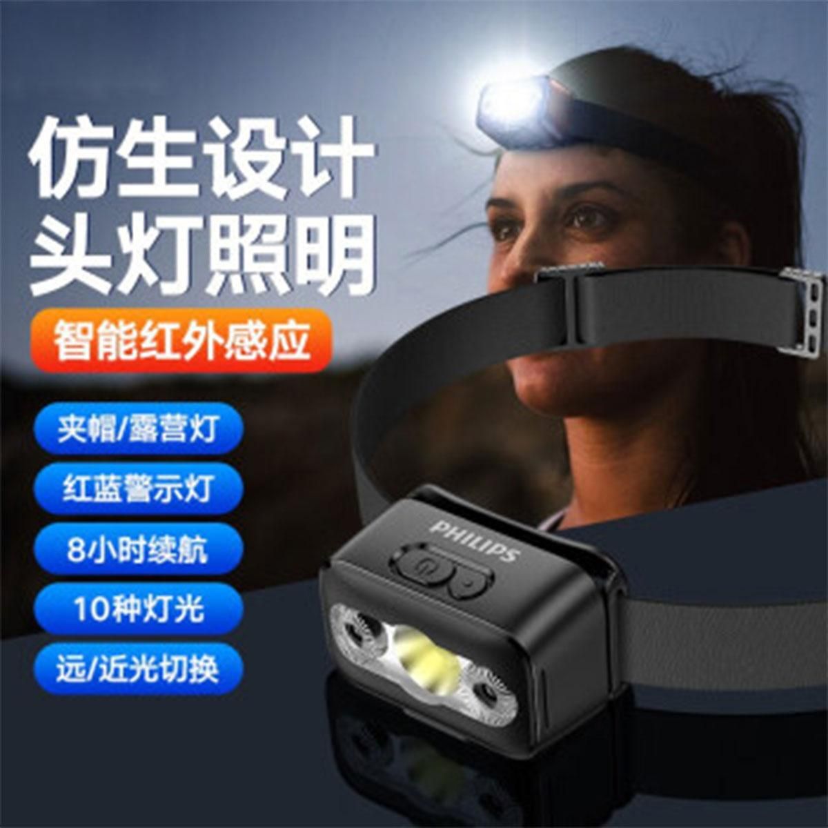 飞利浦感应头灯强光超亮超长续航夜钓灯头戴式帽夹工作灯远射 黑色