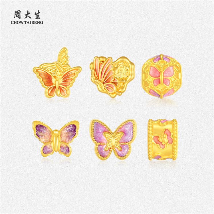 周大生 first文化祝福 黄金转运珠女新创荧光珐琅足金心愿双生离火蝴蝶硬金