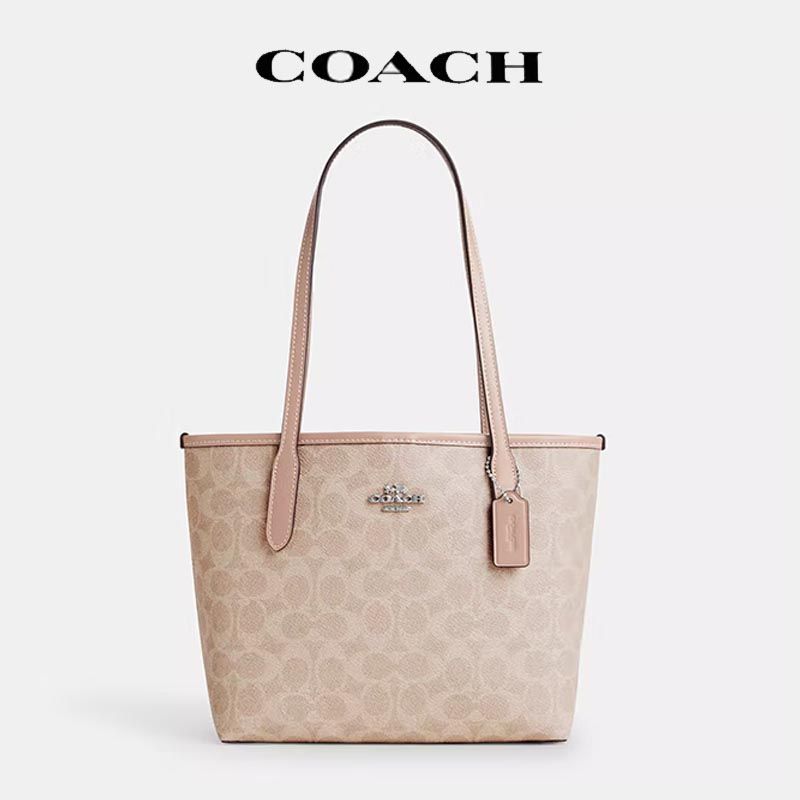 COACH/蔻驰 女士经典标志CITY大号托特包单肩包 灰褐色CV976SVPWH 美国进口 XUNAN 520情人节送礼好物