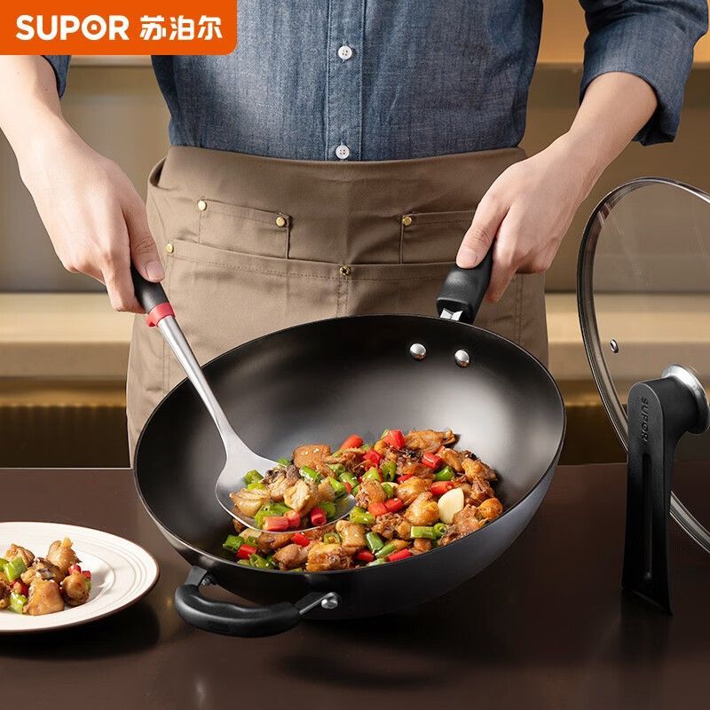 苏泊尔 32cm无涂层真不锈铸铁锅炒锅熟铁锅·可立盖 明火电磁炉通用 EC32LF01