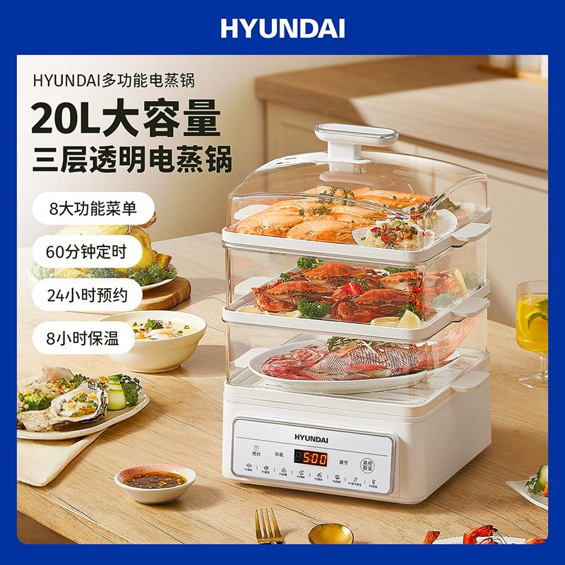 HYUNDAI 电蒸锅【全积分】家用多功能三层20L大容量蒸蛋器电热锅蒸汽锅电蒸箱304不锈钢AEM-DZG6早餐机可视电蒸笼