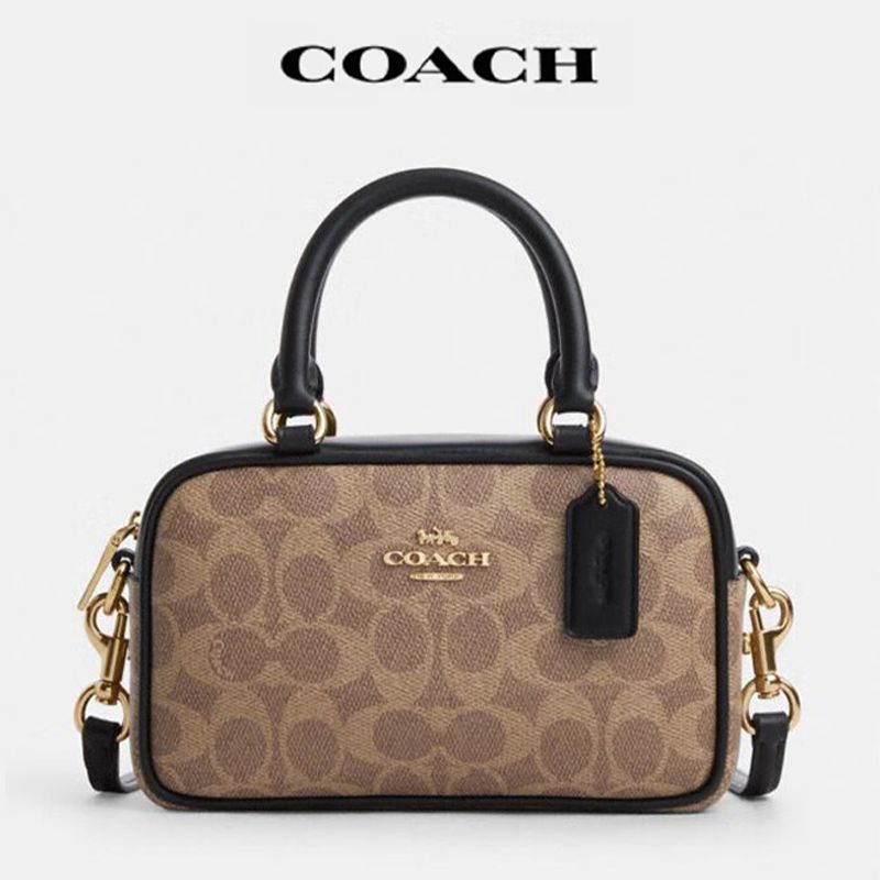 COACH/蔻驰 女包波士顿包经典老花单肩斜挎包手提包 卡其拼黑色 CW197IMQRX 美国进口 XUNAN 送礼好物