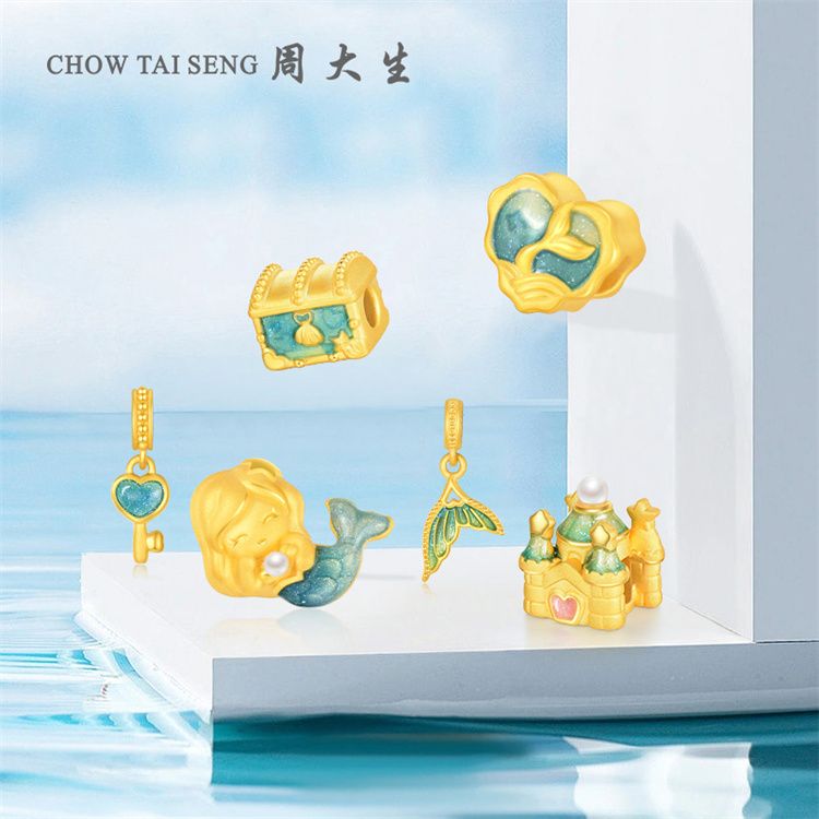 周大生 海洋系列 黄金first转运珠女新创荧光珐琅足金美人鱼尾硬金