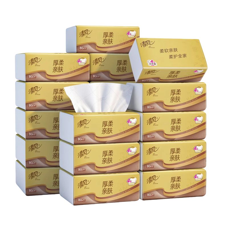 京东直供 清风抽纸 厚柔4层80抽*18包M码 亲肤无刺激卫生纸抽 纸巾面巾纸 整箱