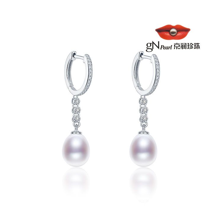 gN pearl/京润珍珠 云悦 S925银淡水珍珠耳环8-9mm白色水滴形