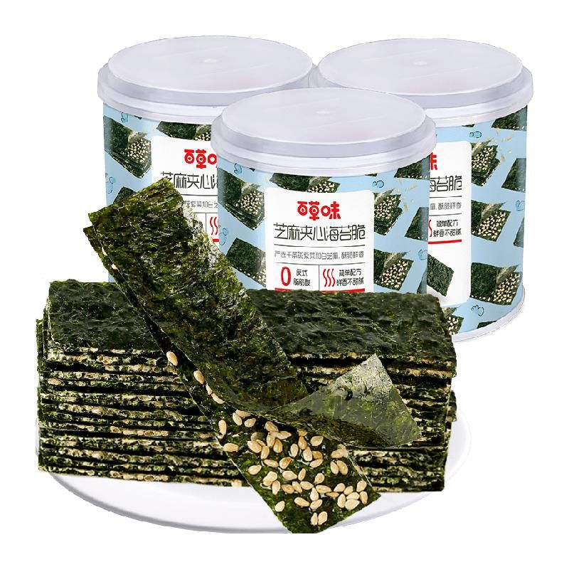 天猫 百草味芝麻夹心海苔脆紫菜海苔碎即食休闲零食小吃糕点 芝麻夹心海苔脆40g*3_酥脆鲜香 .