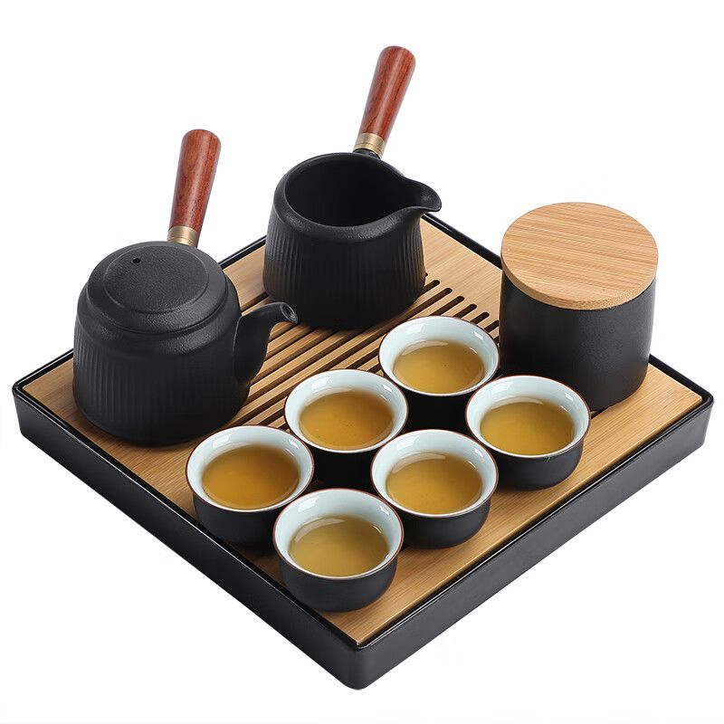 苏氏陶瓷 （SUSHI CERAMICS）功夫茶具套装实木手柄双侧把茶壶日式竹面储水式茶盘茶托礼盒装J0400